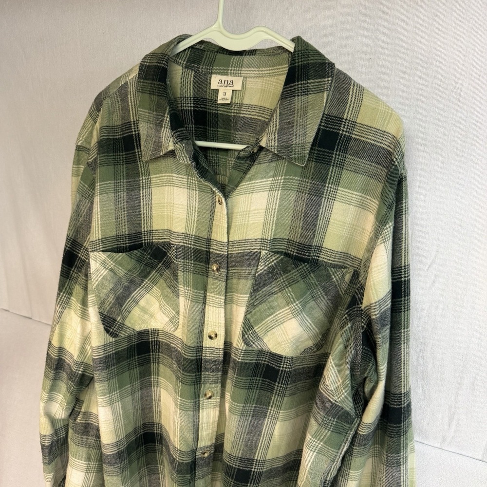 Women's Green Plaid Soft Flannel Long Sleeve Button Up A.N.A A New Approach 1X